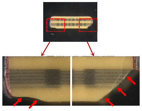 從破裂的現(xiàn)象與電容廠商切片的照片看來，破裂的痕跡從端接處以斜角裂開，電容零件的確像是機(jī)械外應(yīng)力所造成的破裂。