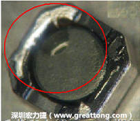 使用錫(Sn)鍍層的電源電感器(Power Inductors)，經(jīng)過推力測試后，其焊點(diǎn)還保留在零件的端點(diǎn)上，所以推力比較高。