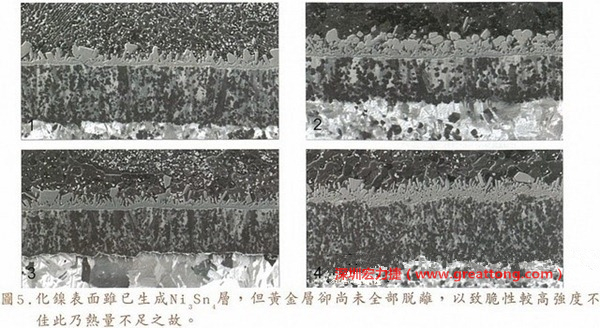 下面四圖顯示，當(dāng)焊接的熱量不足或未持續(xù)時(shí)，雖然Ni3Sn4的薄薄IMC層已經(jīng)生成而焊牢，但也會(huì)因?yàn)锳uSn及AuSn2還未來(lái)得及逸走，而停留在共金介面附近，當(dāng)有外力拉扯的時(shí)候，就很容易斷裂開(kāi)來(lái)。這就是為何ENIG的焊點(diǎn)強(qiáng)度，始終不如銅面焊點(diǎn)(Cu6Sn5)來(lái)得更為牢固的主因之一。