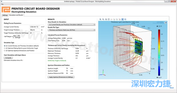 電鍍App的用戶界面。它支持PCB板設(shè)計人員上傳不同的設(shè)計，修改電鍍槽尺寸，以及加入特定尺寸的孔隙(可選)-深圳宏力捷