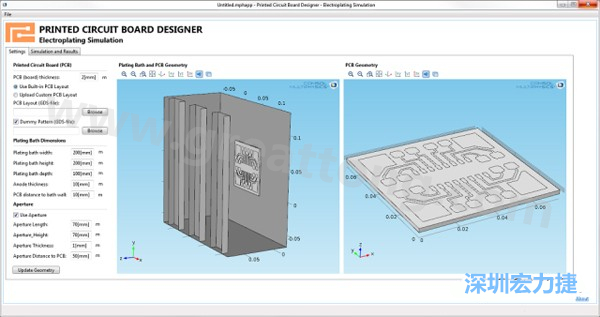 電鍍App允許PCB板設(shè)計人員導(dǎo)入不同的設(shè)計(包含或不含虛置圖形)，點(diǎn)擊計算，然后就能查看所仿真的厚度均勻性-深圳宏力捷