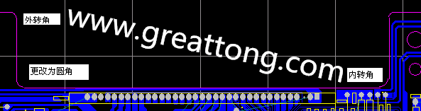 PCB設(shè)計時單面板的轉(zhuǎn)角都需為圓角，R1.0mm或R2.0mm為宜。