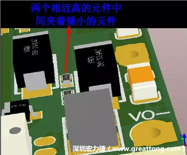 放置器件時(shí)要考慮以后的焊接和維修，兩個(gè)高度高的元件之間盡量避免放置矮小的元件