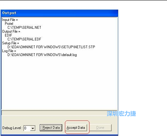 系統(tǒng)彈出一個(gè)輸出窗口，點(diǎn)擊 Accept Data。完成后點(diǎn)擊“確定”，再點(diǎn)擊“Done”關(guān)閉輸出窗口。退出 Omninet for Windows。