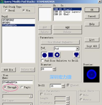分析文件完成后，點(diǎn)擊菜單Setup→Pad Stacks調(diào)出焊盤堆設(shè)置窗口，將Pad Stack Type改為Via