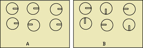所有徑向電容的負(fù)極朝向一邊可很容易發(fā)現(xiàn)錯(cuò)誤(A)，反之則較為困難(B)