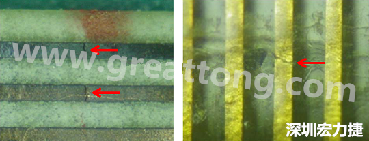 一旦找到確切的銅箔線路斷裂位置，如果還是無法觀察到斷裂的現(xiàn)象，就試著在顯微鏡下彎曲該位置的軟板，這樣就可以突顯并放大斷裂銅箔的開口了。 