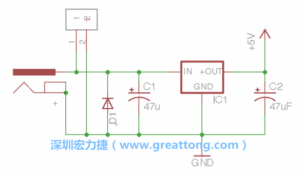 2.5.    新增一個(gè)二極體，它會(huì)以水平的狀態(tài)出現(xiàn)在屏幕上，請(qǐng)使用「旋轉(zhuǎn)（Rotate）」工具把它負(fù)極那一面朝上，并且用「網(wǎng)絡(luò)連接」工具將它連接在電壓調(diào)整器的輸入端和接地端之間。