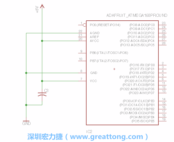 3.1.    新增微控制器晶片（RBBB → ATmega），把它放在電路原理圖的中央附近，把它的兩個(gè)接地接頭連接到接地訊號(hào)端。