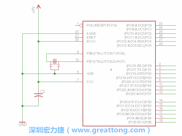3.2.    在靠近ATmega的電源供應(yīng)針腳7的位置放置一個(gè)0.1μF的電容，將它分別連接電源、接地端和針腳7。