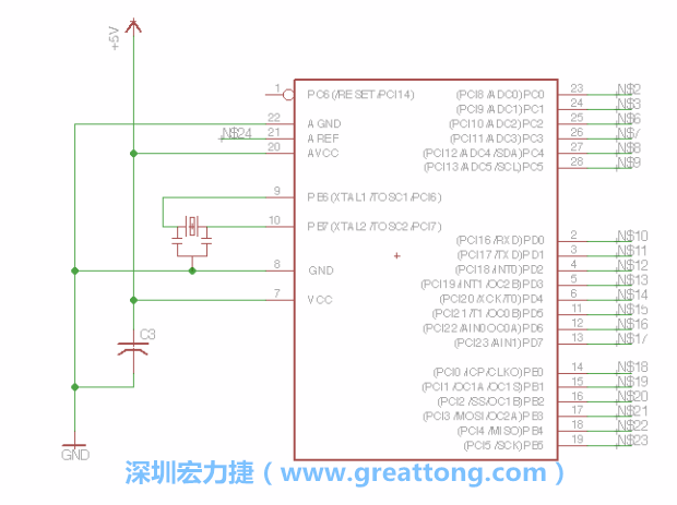 3.3.    將共鳴器（resonator）放置在針腳9和針腳10附近，將它的三個(gè)針腳連接如圖所示，并確認(rèn)最中間的針腳有連到接地端。