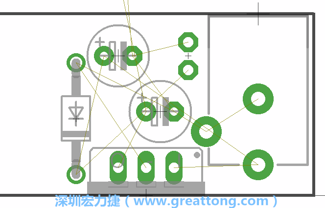 如同第一篇的步驟，我們將從電源迴路開始著手，移動電源插座（Power Jack）、電壓調(diào)整器、二極體、兩個電容和輔助接頭JP1到如上圖所示的位置。