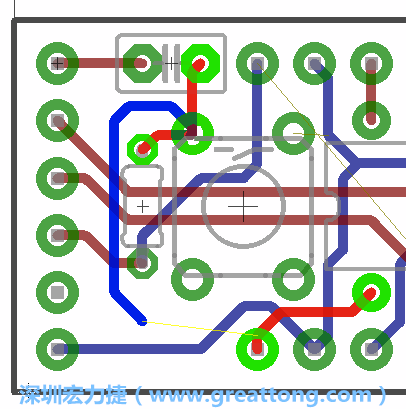 要在電路板正面進行+5V信號線連結(jié)和其他連結(jié)點的布線工作是非常容易的，而重置信號線（信號線用來連結(jié)電路板正面左邊的重置開關(guān)）需要經(jīng)過一個可以通過電路板正反兩面的電路通道，這個通道是一個可以讓電路板正反兩面線路連接的一個小孔。