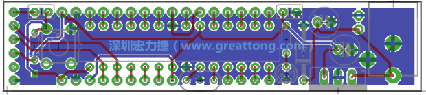 第二篇文章則帶領(lǐng)你進(jìn)行電路板上的布線、連結(jié)點的配置，并利用「設(shè)計規(guī)則檢查（Design Rule Check）」測試你的設(shè)計，第二篇文章的電路板設(shè)計圖將如下所示：