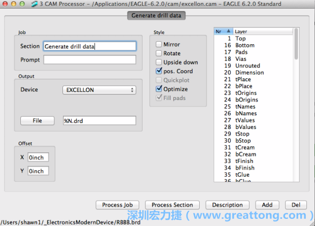 打開「excellon.cam」的工作項目并建立drill文件（副檔名為「.dri」和「.drd」），之后你只會用到「.drd」的文件檔；「.dri」的文件只是解釋用資料（所謂后設(shè)資料）而已。