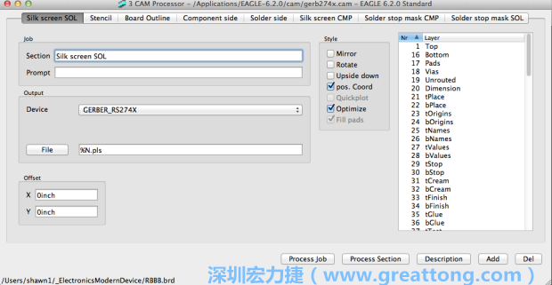 假如你有匯入點陣圖圖層（抑或是有某個圖層是你不想要它們出現(xiàn)在絲印上的），請再次確認(rèn)標(biāo)簽列下面被指定的圖層都是正確無誤的。
