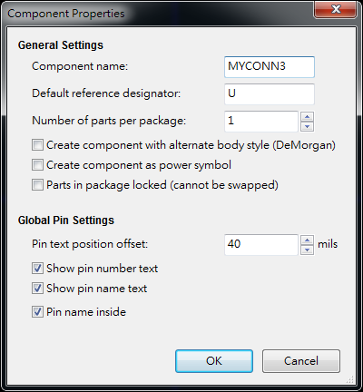 按下工具  "Create a new component"， 出現(xiàn)底下畫(huà)面， 按下OK后， 產(chǎn)生MYCONN3/U? 文字重迭在一在， 把它們分開(kāi)(用mouse選擇并按下"M"， 即可移動(dòng))