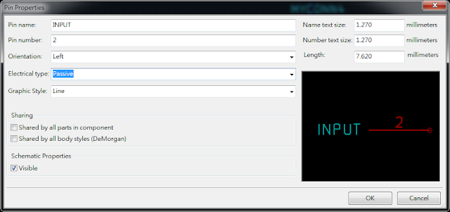 按下工具 "Add pins to the component"， 如底下畫(huà)面，  Electrical type 都選 Passive
