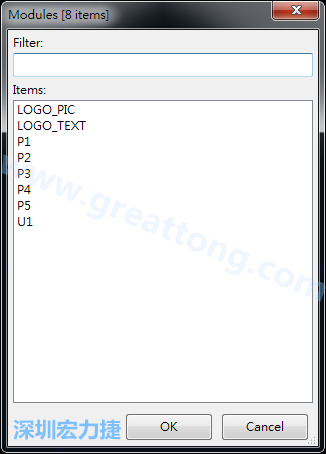 從目前正在編輯的PCB載入Module， 會顯示有那些項目可載入。點選一個， OK后即完成載入