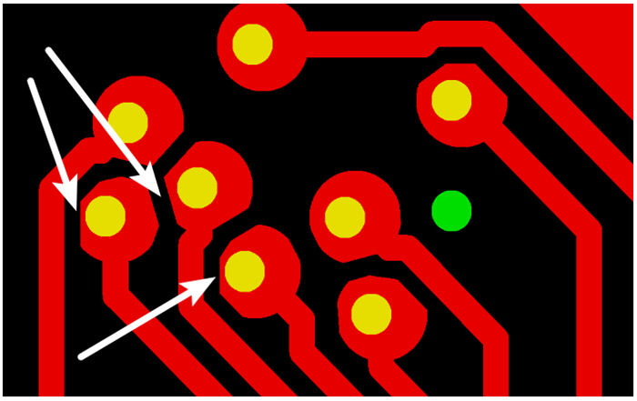 按源文件文件數(shù)據(jù)計算，孔邊緣到線邊緣6mil，孔環(huán)4mil，環(huán)到線只有2mil，保證環(huán)到線之間有3mil的安全間距需削1mil焊環(huán)，削后焊盤只有3mil