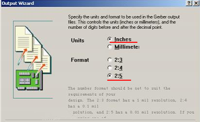 在上圖中選擇“Inches 2：5”，以確保資料精度，反之線寬、線距或孔有偏移現(xiàn)象
