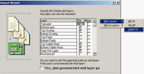 按“Next”，點擊“Menu”將Plot Layers置為Used On，Mirror Layers置為All Off后按“Next”