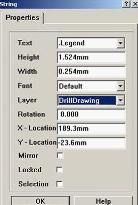7. 放置分孔圖，按“P、S”在圖形的右下角放置一字符串，并雙擊打開，將Text改為。Legend；Layer改為DrillDrawing即可